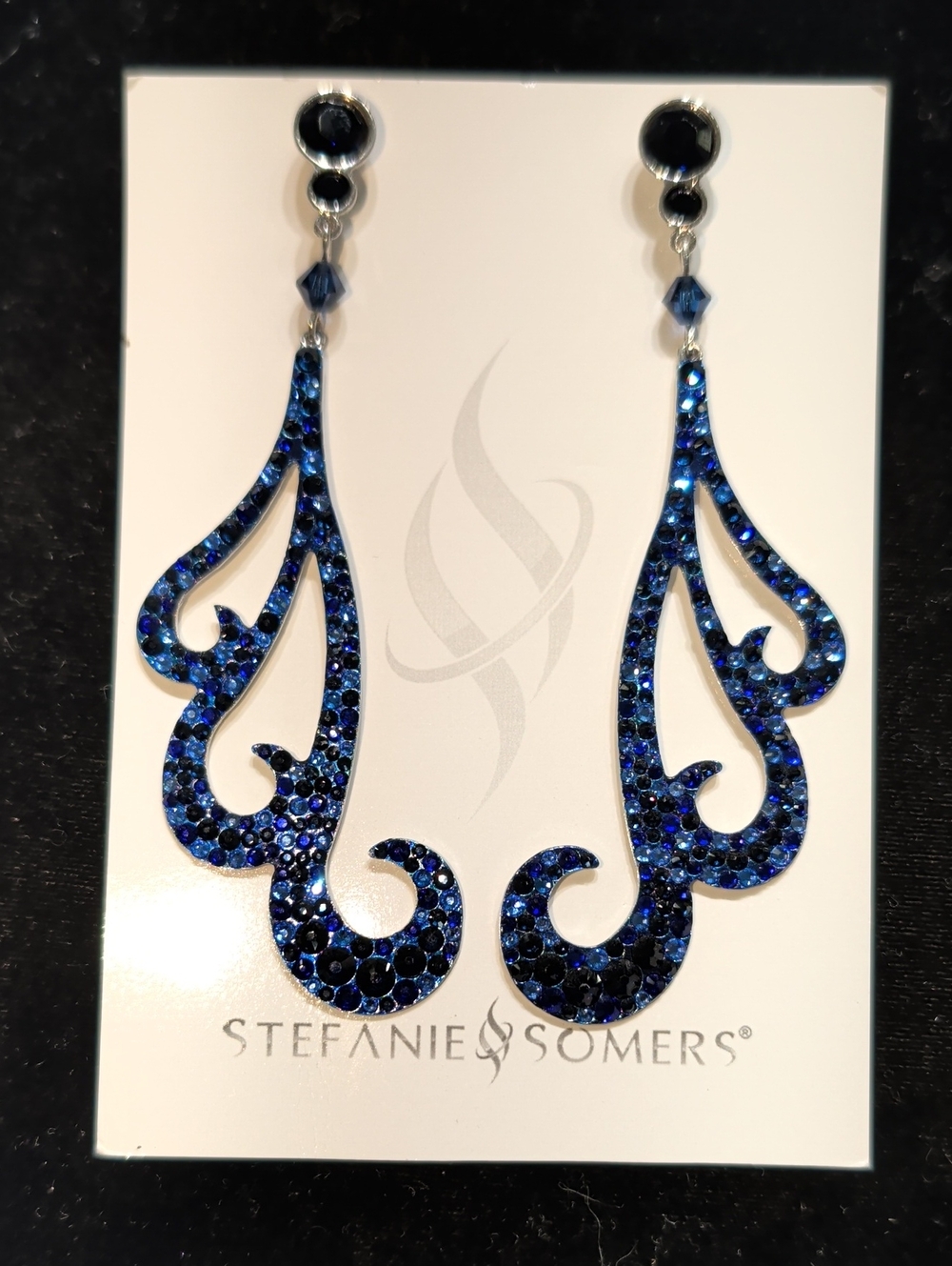 Blue Crystal Scroll Drop Earrings